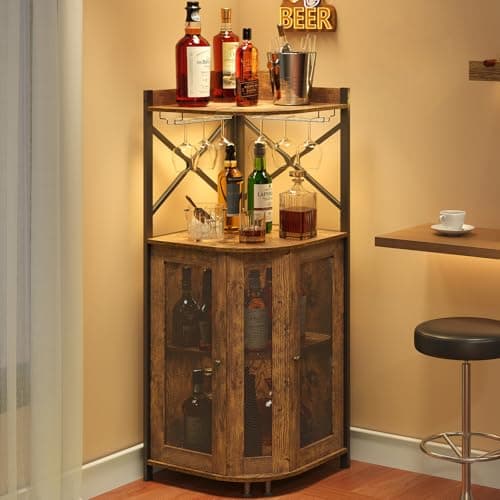 JKsmart Corner Bar Cabinet with LED Lights & Glass Holder (4-Tier)