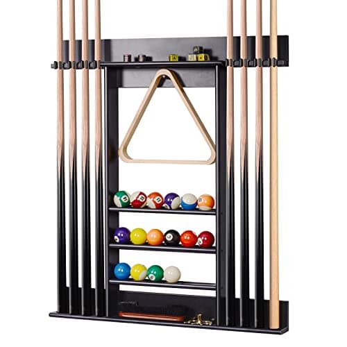 Wall-Mount Pool Cue Rack for 8 Cues with Ball Storage