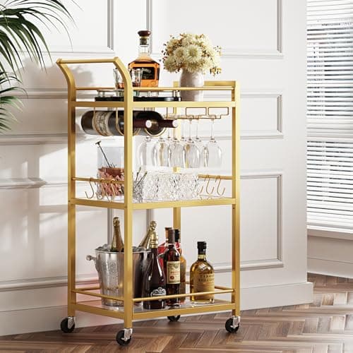 TUTOTAK Gold Bar Cart with 3 Mirrored Shelves, Wine Rack & Glass Holder