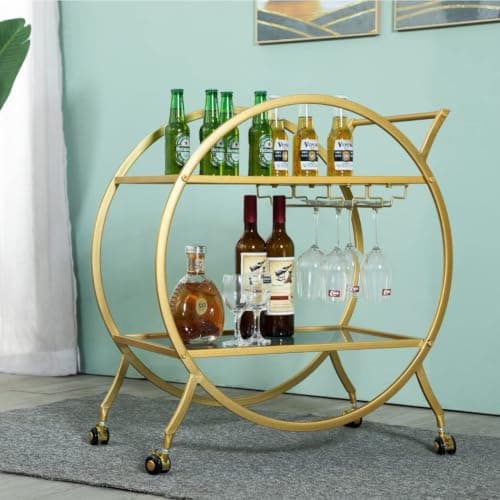 JUNTITE Round Gold Bar Cart with Mirrored Shelves & Glass Holder