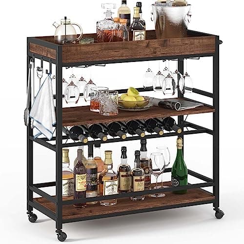 BON AUGURE Rolling Bar Cart with Wine Rack & Glass Holder