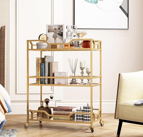 LORMITER 3-Tier Gold Bar Cart with Glass Shelves