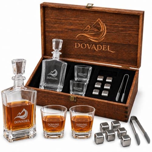 DOVADEL Whiskey Decanter Gift Set with Wooden Box
