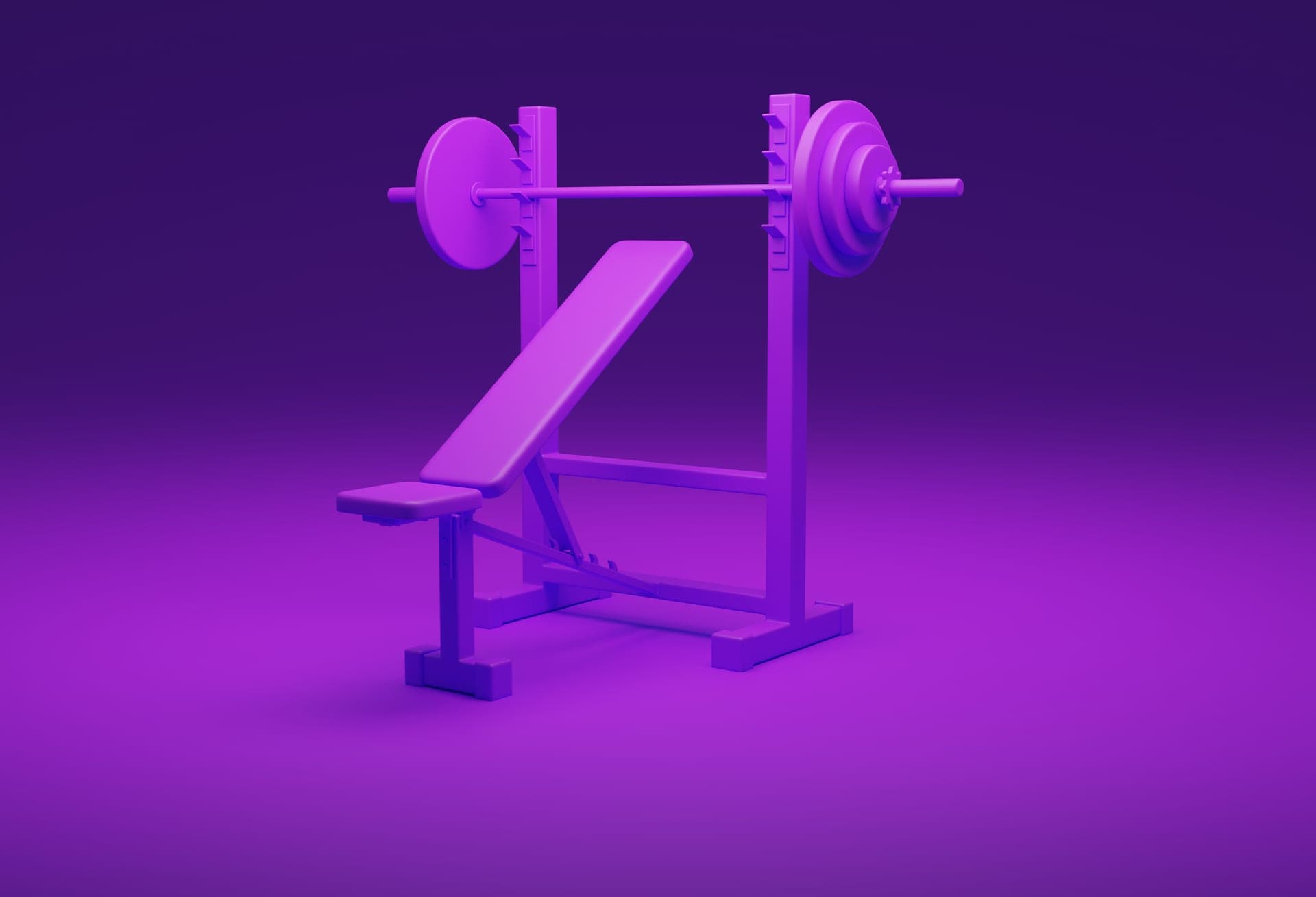 An adjustable weight bench set up in a home garage gym