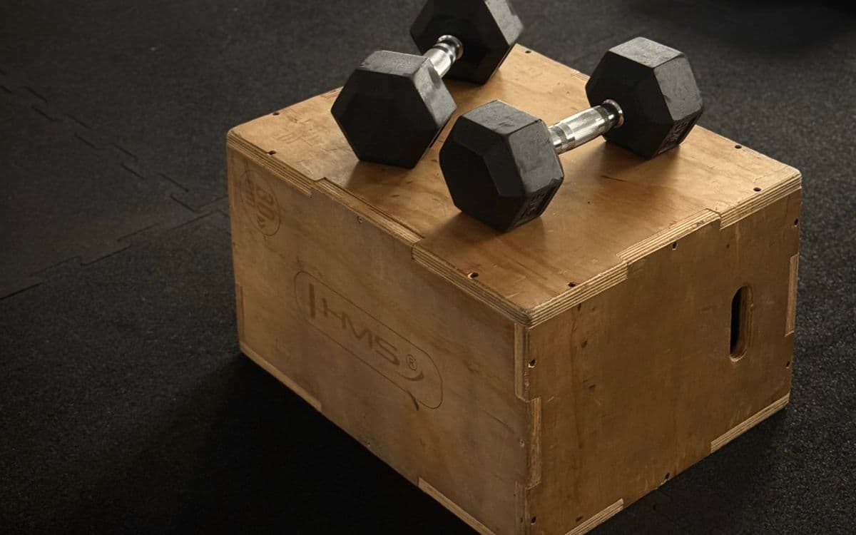 A pair of hex dumbbells on a wooden plyo box in a home gym